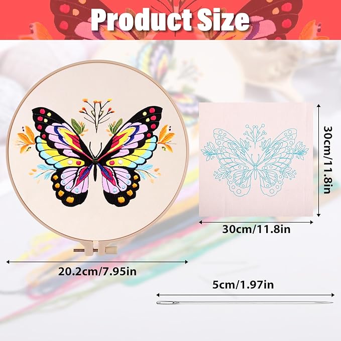 3Pcs Butterfly Flower Pattern Embroidery Kit, Cross Needlepoint Set, Hand Stamped Pre-Printed Fabric with Embroidery Tools, Stitch Practice Kit for Beginners, Adults, DIY Home Decor, Embellishment