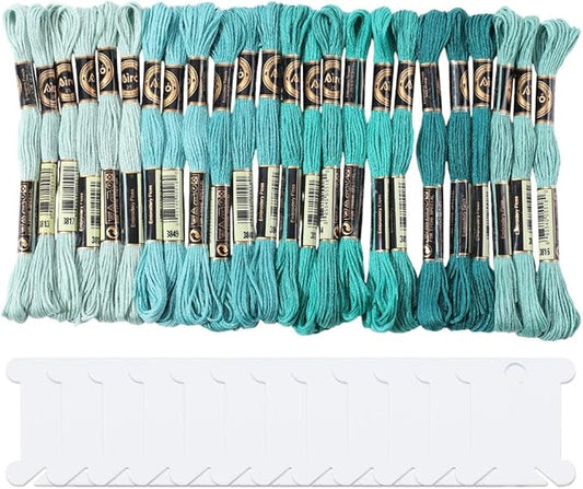 24 Skeins 6 Strands Green Embroidery Floss Threads Variegated Gradient Cross Stitch Thread Friendship Bracelets String Bulk with 12 Floss Bobbins for Hand Sewing Knitting Craft Stitching Diy