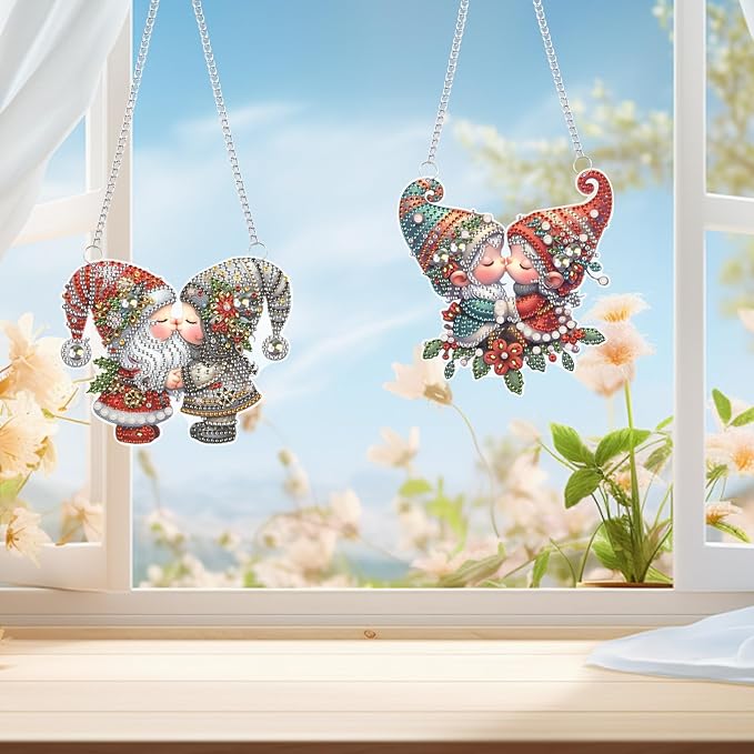 2 Pcs Diamond Art Suncatchers Hanging Kits, Gnome 5D DIY Diamond Painting Ornaments, Kissing Gnome Couple Window & Wall Hanging Decor, Special Shape Diamonds Art Kits for Adults