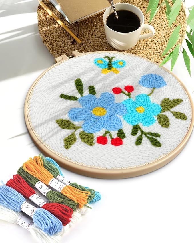 TINDTOP Punch Needle Embroidery Kits, Flowers Punch Needle Kits for Adults Beginner, Tool with Punch Needle Fabric, Hoops, Yarns and Sewing Needles (Set A)