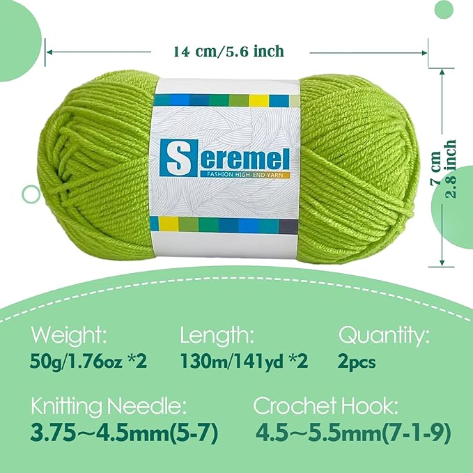 2 Pcs Soft Fluffy Acrylic Yarn for Crocheting and Knitting #4Worsted Weight Yarn-2x50g/2x 142Yards Perfect for Crafts, Blankets Hats, Gloves, Scarf (Tender Green)
