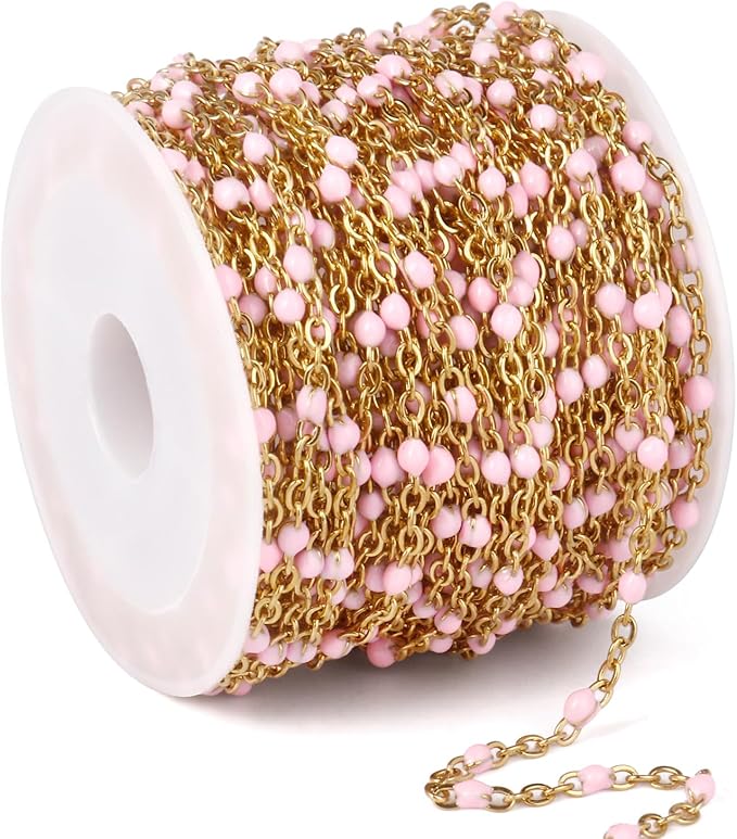 33 Feet Gold Enamel Chains Bulk, 2mm 18K Gold PVD Plated 304 Stainless Steel Pink Enamel Beaded Cable Link Chain Roll Spool for Jewelry Making