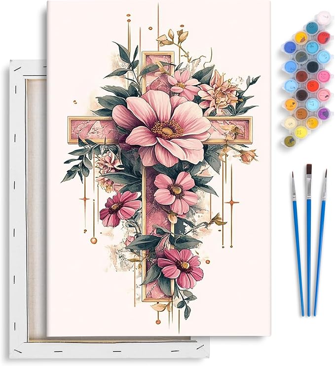 Yezavesu Framed Paint by Numbers Kit for Adults Beginner & Kids Ages 8-12, Cross Flower Paint by Numbers with Frame, DIY Number Painting for Adults Cross Flower for Home Wall Decor Gift 8X 12 inch