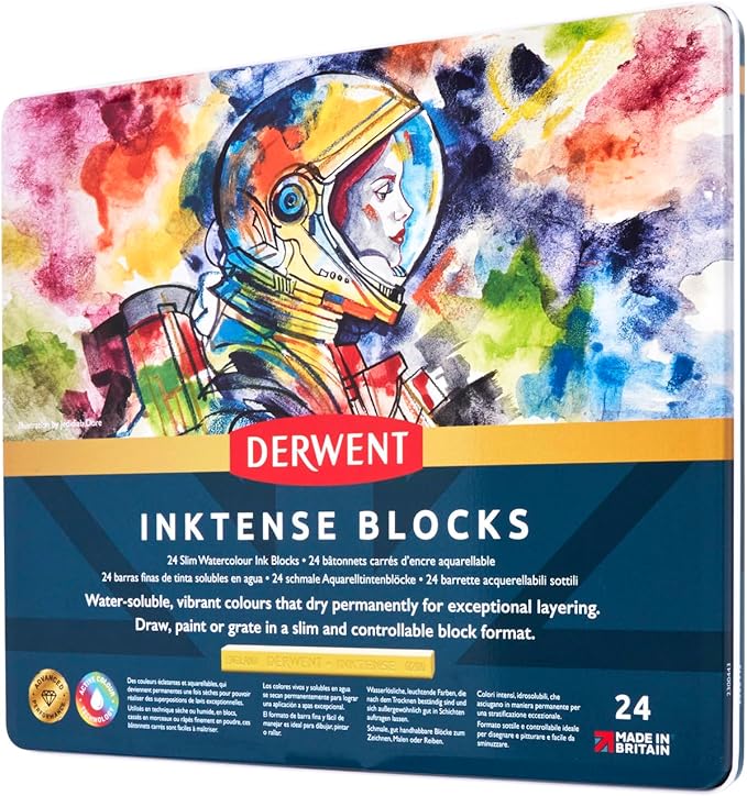 Derwent Inktense Blocks 24 Tin, Set of 24, 8mm Block, Soft Texture, Watersoluble, Ideal for Watercolor, Drawing, Coloring, Crafts and Painting on Paper and Fabric, Professional Quality (2300443)
