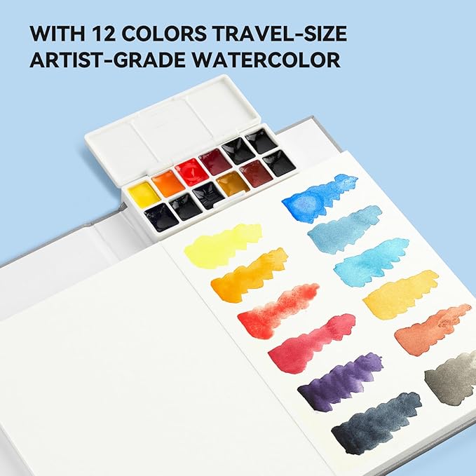 Paul Rubens Travel Watercolor Sketchbook, 24 Sheet 140lb/300gsm 100% Cotton Acid-Free Hot Press Watercolor Journal with Glitter Effect (5.31"x3.81"), with 12-Color Travel-Size Artist Grade Water color