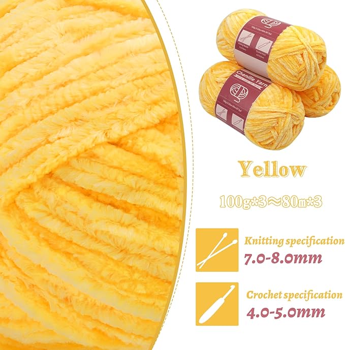 LUNARM Chenille Yarn for Crocheting Knitting, 3 Skein 263 Yard Thick Soft Chunky Fluffy Weaving Plush Yarn for Blankets Clothes Pattern Creations with Big Eye Needles (Yellow)