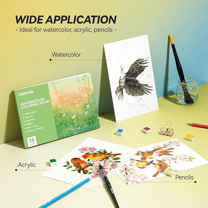 Lightwish Watercolor Coloring Book for Adults & Beginners,100% Cotton 300gsm/140lb Acid-Free Cold Press Paper, 8.3 x 5.6 Inches,15 Sheets,Bird-Themed