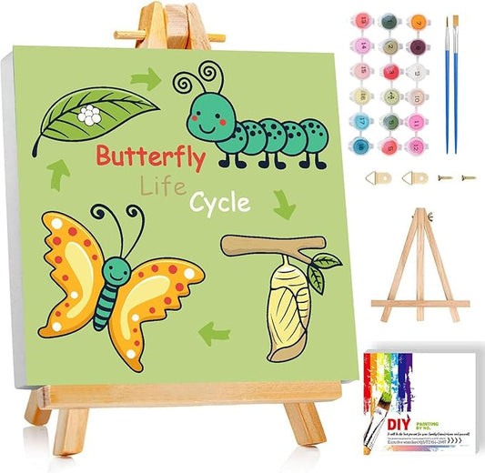 Gemozaic Butterfly Paint by Numbers Kit for Kids with Frame and Easel, Butterfly Life Cycle Framed Kids Paint by Number on Canvas Age 6-8-12 for Gift, Home, Wall Decor, 8x8 Inch