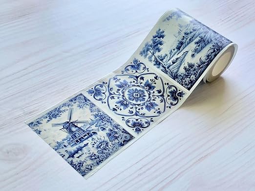 Serenity Fair Washi Tape – Mediterranean Tile Pattern, Extra Wide 4 Inch Scrapbook Supplies for Scrapbooking, Journaling, Stickers, Craft Paper, and DIY Scrapbook Tape Roll (Delft Blue Tiles)