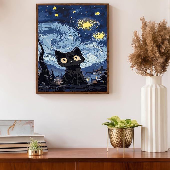 Mosaflare Paint by Numbers for Adults Beginner, Black Cat Adult Paint by Number Kits on Canvas, DIY Starry Night Acrylic Oil Easy Painting by Numbers for Home Wall Decor 16X20 inch (Without Frame)