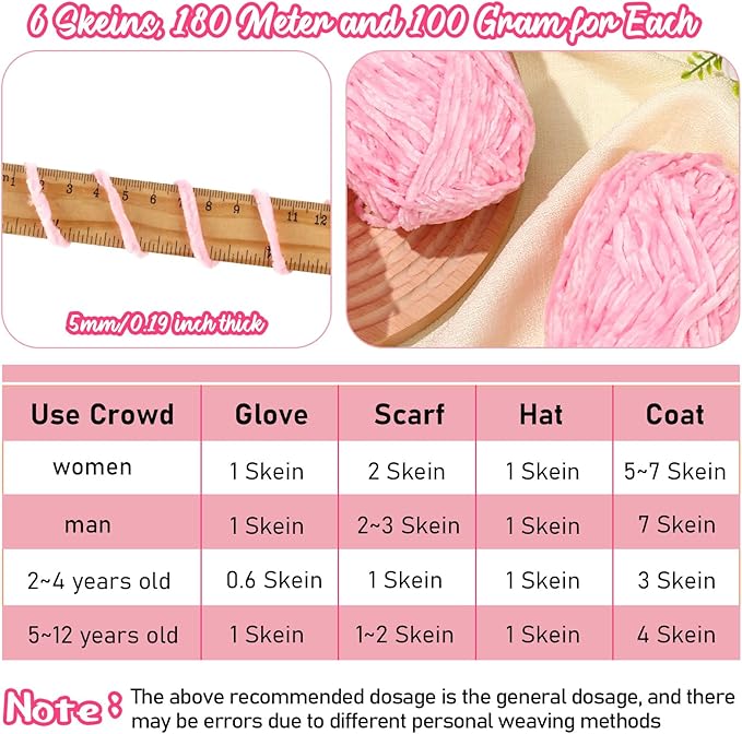 Amylove 6 Rolls Soft Velvet Chenille Yarn for Crocheting 1182 Yards Polyester Blanket Fuzzy Thick Yarn for DIY Knitting Bulky Weaving Crafts, 197 yd, 3.53 oz Each Roll(Pink)