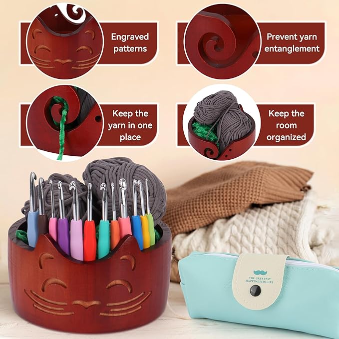 XIEJ Cat Yarn Holder Set, 7 X 4inch Wooden Cat Yarn Bowl for Crocheting, Knitting Bowl with Crochet Hooks Knitting Tools for Crocheters Knitters Craft（Vintage Color）