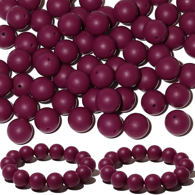 120pcs Richbunnys 15mm Bulk Silicone Beads for Pens and Keychain Making,Large Bead for Necklace and Bracelets Making,Assorted Rubber Beads Set（Wine Red）