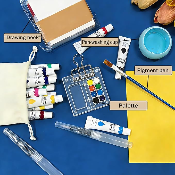 Portable Mini Watercolor Paint Set - All-in-One Travel Kit with Paints, Brushes, Palette, Bag, and Water Container - Perfect for Artists and Beginners-8 Grids