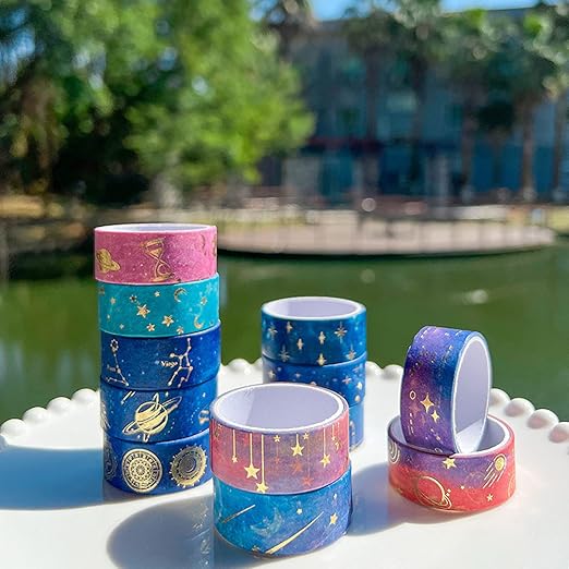 12 Rolls Galaxy Washi Tape Set, Gold Foil Decorative Masking Tape for Scrapbooking, Journal, Planner, DIY Crafts, Gift Wrapping