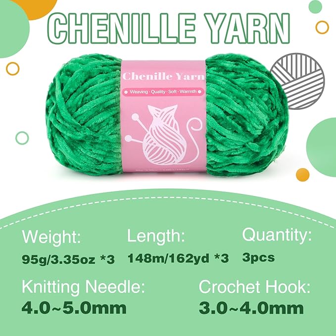 LUNARM Chenille Velvet Yarn for Crocheting Knitting with Big Eye Needles, Handcrafts Weaving Soft Chenille Yarn for Making Blankets, Clothes, Pattern Knitting - 3 * 3.35oz,3 * 162yds (Green)