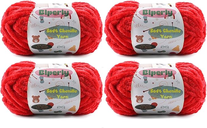4 * 100g Velvet Chenille Chunky Yarn for Crocheting - 49.2yds per Skein Plush Fluffy Yarn - Easy to Use for Baby Blankets, Knitting Creations & DIY Crafts(4, Big Red)