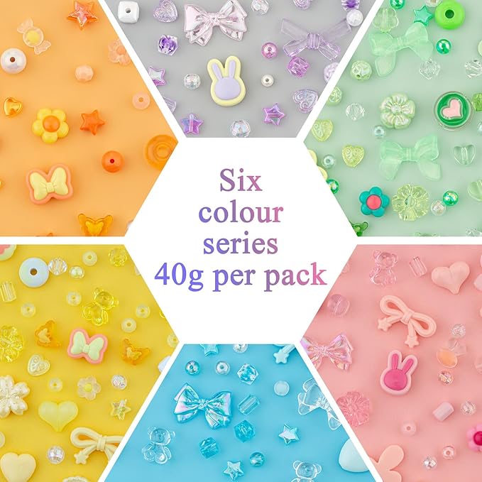 LAIDANLA 6 Color Assorted Acrylic Beads for Bracelets Random Cute Beads Aesthetic Flower Star Heart Bow Butterfly Bear Candy Mix Beads for DIY Necklace Keychain 240g
