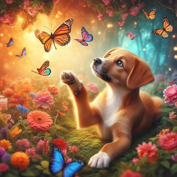 WSLWXSHM Diamond Painting Kits for Adults Dog, Butterfly Round Full Drill Diamond Art Kits, 5D DIY Paint with Diamonds Crafts for Home Wall Decoration Gifts 12×12Inch, Animal