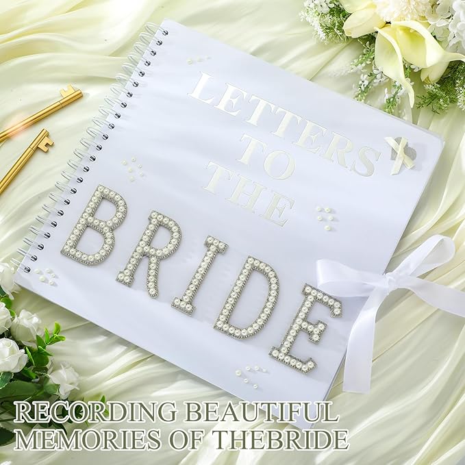 Fuyoooo 12 x 12 Inch Letters to The Bride Scrapbook Wedding Memory Book Bridal DIY Blank Paper Scrapbook Photo Album Guest Book Sign with Pearl Stickers, Metallic Letters, Bows(White)