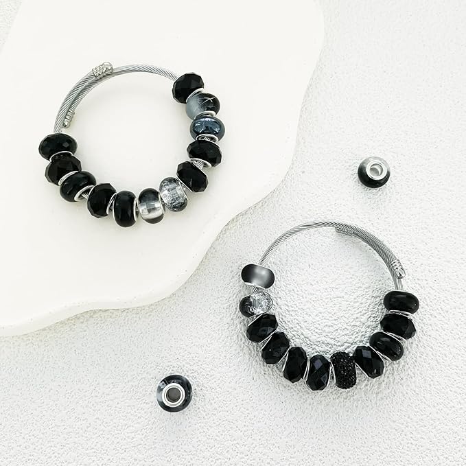Large Hole Beads Black European Beads for Pens 100 Pieces Assorted Large Hole Fairy Wand Garden Beads Lampwork Craft Spacer Beads for DIY Charms Bracelets Necklace Decoration Jewelry Making Supplies