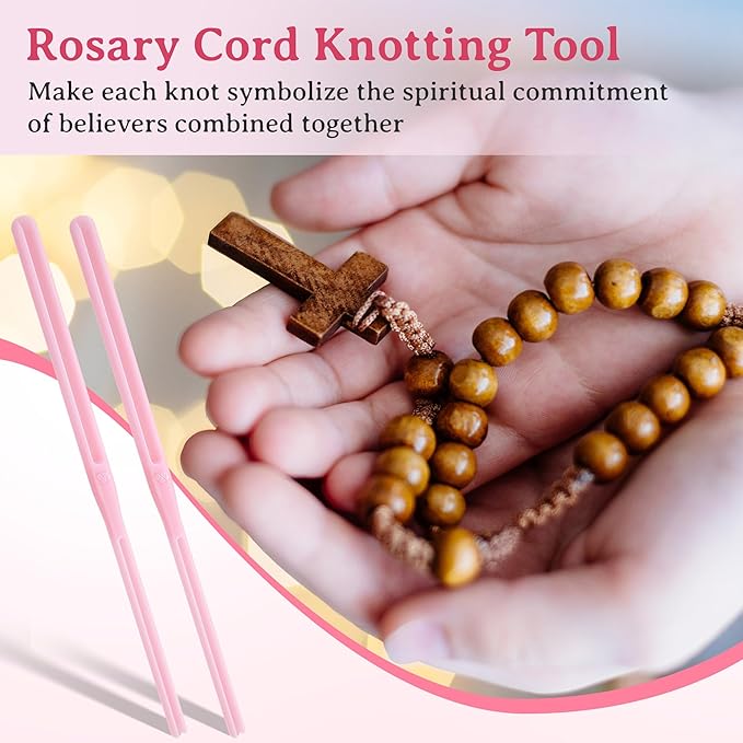 2 Pack Rosary Cord Knotting Tool, #7#9 and #36 Dual Head Twine Knotting Tool, Rosary Making Supplies, Beads Tying Kit, Beading Cord Kit for Jewelry, Fishing Hook, Bracelet (Pink)