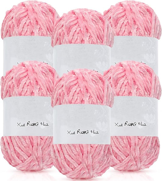 Amylove 6 Rolls Soft Velvet Chenille Yarn for Crocheting 1182 Yards Polyester Blanket Fuzzy Thick Yarn for DIY Knitting Bulky Weaving Crafts, 197 yd, 3.53 oz Each Roll(Pink)