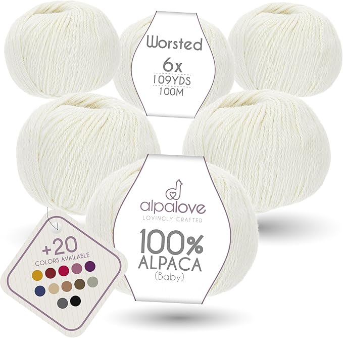 Worsted Set (6 x 1.75 oz) Super Soft Baby Alpaca Knitting Yarn Ecru 656 Yards