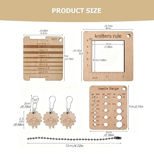 Wood Knitting Gauge Set – WPI Yarn Measure + 8 * 8cm Density Ruler + 3pcs Lamb Stitch Markers + Chain for Sweater Scarf Hat Sewing Knitting Crafts