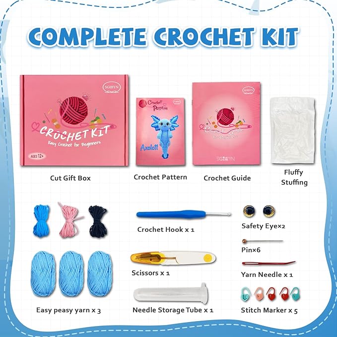 SGIBYN Crochet Kit for Beginners, 11.8 Inch Large Axolotl Amigurumi Crochet Kit with Step-by-Step Video Tutorials, Easy Animal DIY Knitting Craft Kit for Women, Teens & Adults