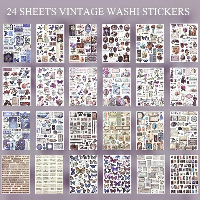 Vintage Washi Sticker Book Ephemera for Junk Journals,800+ Journaling Stickers for Scrapbooking Supplies, Collage, DIY Crafts Arts Decorative 24 Sheets