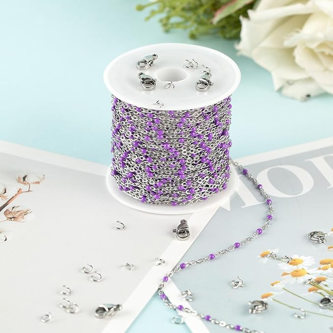 UMAOKANG 33ft Bead Chain for Jewelry Making Stainless Steel Cable Link Chain Spool Lavender Beaded Bracelet Chain with Open Jump Rings and Lobster Clasps