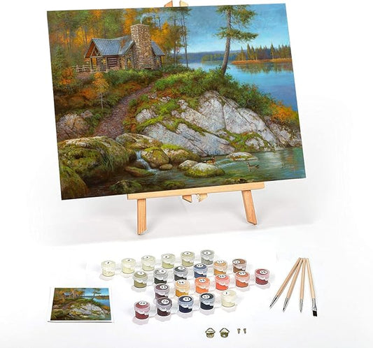 Ledgebay DIY Paint by Numbers Kit for Adults Framed Canvas Beginner to Advanced Paint by Numbers Kit Kits Include Acrylic Paint Set Brushes Tabletop Easel (Away from It All 12" x 16" Framed)