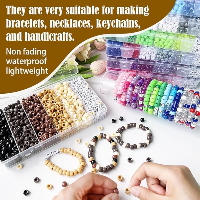 MIIIM 1300 Pcs Pony Beads Kit for Friendship Bracelet, 6 Styles Kandi Bracelet Kit in Box with Individual Compartments, Hair Beads for Braids, Letters (Brown Shades)