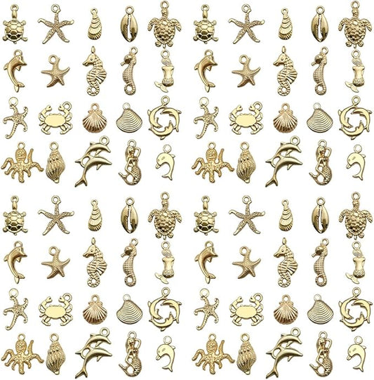 Sailanzi 100pcs KC Gold Underwater World Style Series Pendant Jewelry Making DIY Keychain Earrings Pendant Various Design Charms for Jewelry Making Bracelets Necklace(SN884)