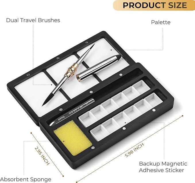 Travel Watercolor Palette Box, Fuumuui Black Wood Palette Kit with Cover, 12 Empty Removable Half-pan Grids, Dual Tip Travel Brushes, for Watercolor Gouache Color Mixing, Pure White Palette