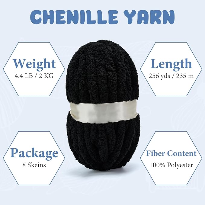 Chunky Yarn for Hand Knitting, Jumbo Chunky Yarn for Crocheting, Chunky Chenille Yarn, 8 Pack (32 yds 8.5 oz Each Skein),#7, Black