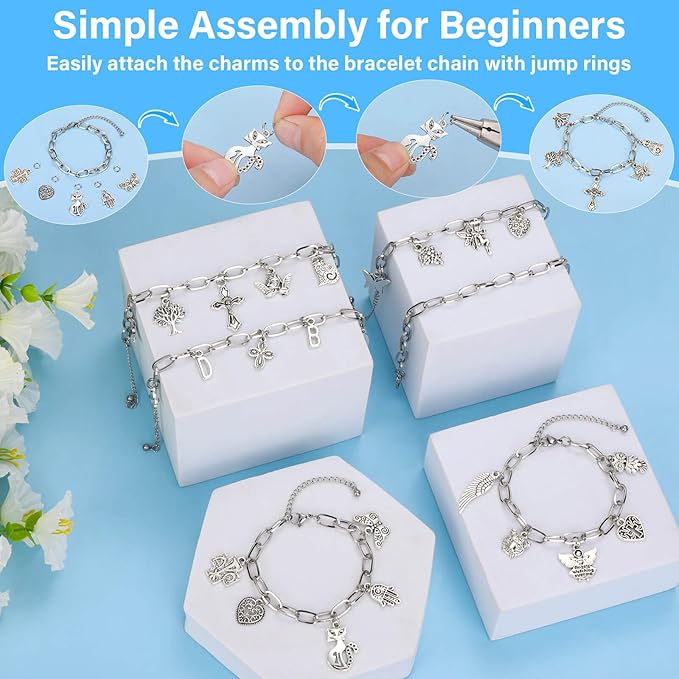 384 Pieces Silver Charm Bracelet Making Kit, Including Paperclip Chain Bracelets, Cross Charms, Jump Rings for DIY Bracelet Making