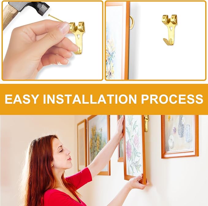 KURUI Picture Hangers, 385Pcs Picture Hanging Kit with Heavy Duty Picture Hanging Hooks, Sawtooth, Hardware Nails and Picture Hanging Tool, Wall Hangers for Frame, Painting, Art, Photo (Gold)