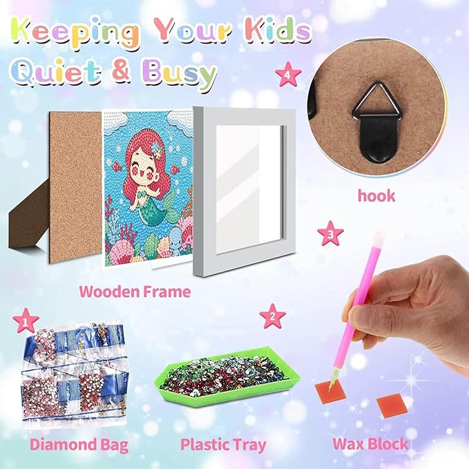 Dlylust Mermaid Diamond Art Kits for Kids with Frame, Gem Art for Kids Ages 4-8-12, Easy Diamond Painting Kit with Beautiful Package for Gift Home Wall Decor