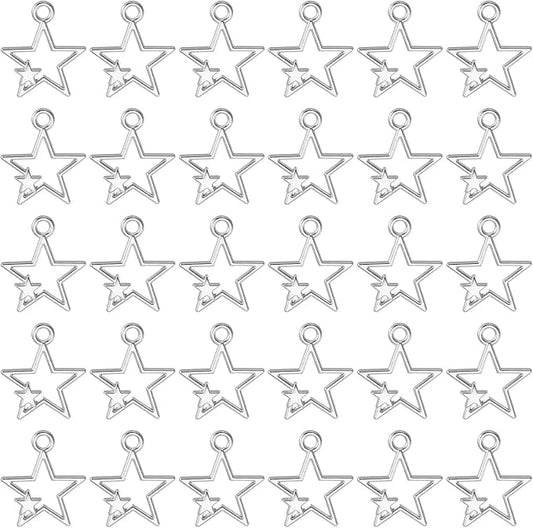 uxcell 100Pcs Alloy Open Bezel Pendants, Star Open Back Hollow Frame Pendant Geometric for Resin Jewelry Making Earrings Necklace Bracelet DIY, Silver