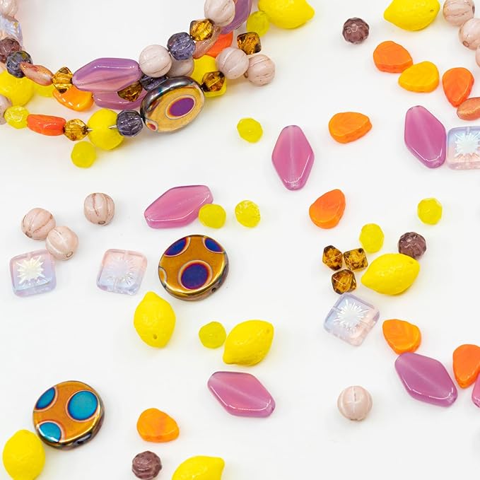 1.4oz (40g) Limited Mix of Czech Glass Beads, Hand Made Set Kit, Pink Rhombus Flowers Yellow Lemon Beads