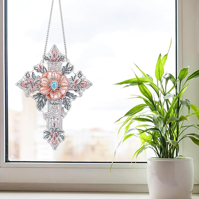 NAIMOER Diamond Art Hanging Kits for Adults, Cross Diamond Art Suncatchers, 5D Special Shape Fall Diamond Painting Pendant Window Ornament Gifts for Home Garden Door Wall Decor