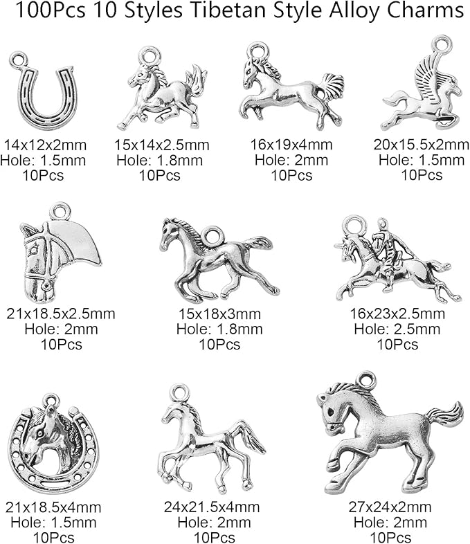 DanLingJewelry 100Pcs 10 Styles Antique Silver Horse & Horseshoe Animal Charms for DIY Jewelry Making
