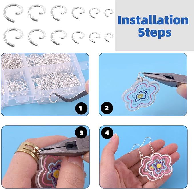 Glarks 1403Pcs 10mm 5mm 4mm 7mm 8mm Open Jump Rings Kit, Iron Round Ring Connectors Nickel Free Sliver O Rings for Jewelry Making Connectors and Necklace Repair