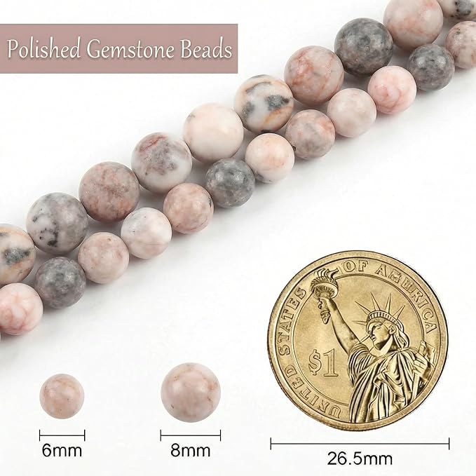 Stone Beads, 45pcs Pink Zebra Jaspers, 8mm Round Loose Beads for Jewelry Making, Bracelets, with Bag, String & Card