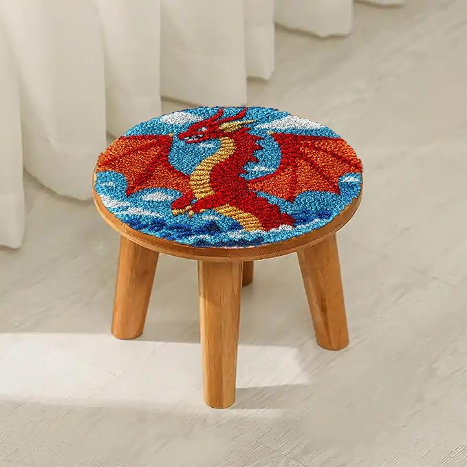 Latch Hook Rug Kit Red Dragon Easy for Beginners Round Shape Carpet Crochet Yarn Craft Mini Rug DIY Hook and Latch Little Tapestry for Home Decor 30x30cm