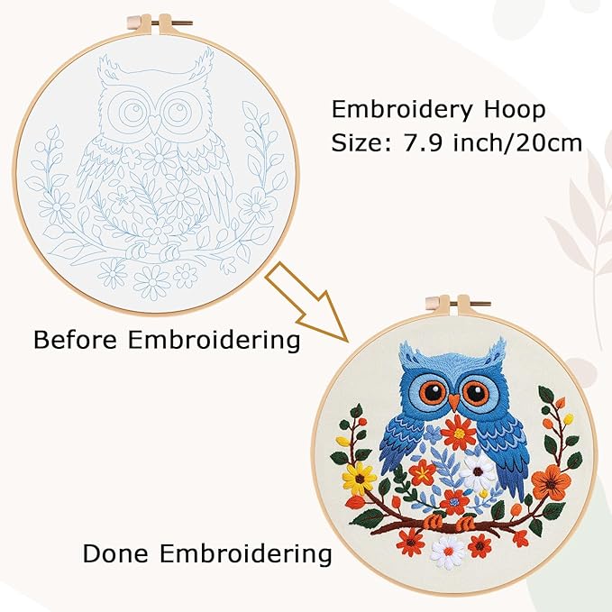 Louise Maelys Owl Embroidery Kits for Beginners, DIY Cross Stitch Starter Craft Kit for Adults Including Cloth with Pattern, Hoop, Needles Instruction and Threads
