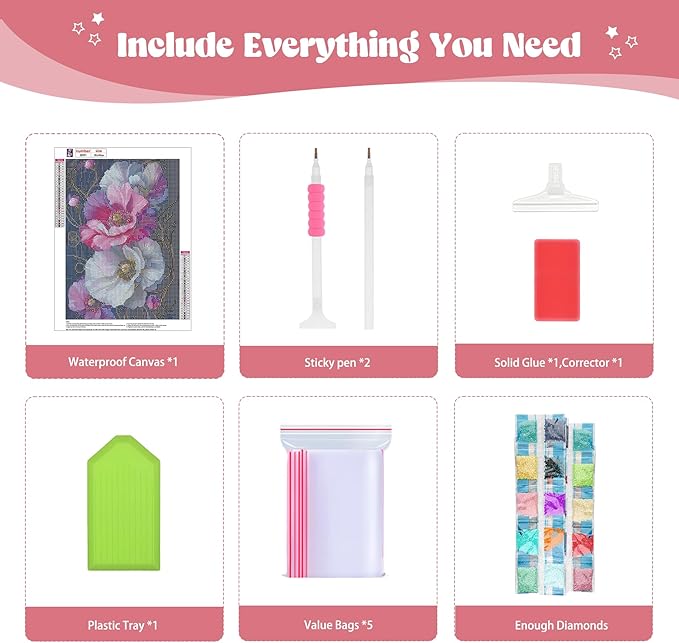 QENSPE Diamond Painting Art Kits for Adults, DIY Pink & White Flowers Full Drill Diamond Art for Beginners, 5D Round Diamond Dots Paintings Gem Art Crafts Home Wall Decor Gifts 30x40cm