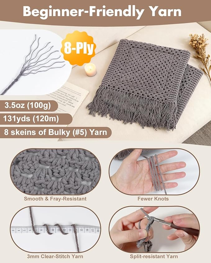 Arborthread Crochet Kit for Beginners, Easy Pocket Shawl & Scarf Crochet Kit for Adults w/Ample Premium Yarn to Fit Different Sizes, Step-by-Step Video & Instructions, Grey